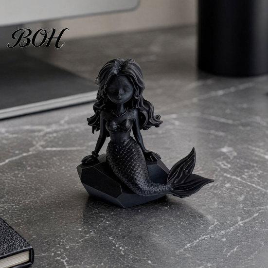 Cartoon Mermaid Figurine 3D Printed Action Figure, Dark Gothic Style with Matte Black Finish, Movable Joints Wavy Hair Design & Wide Rock Base, Decor