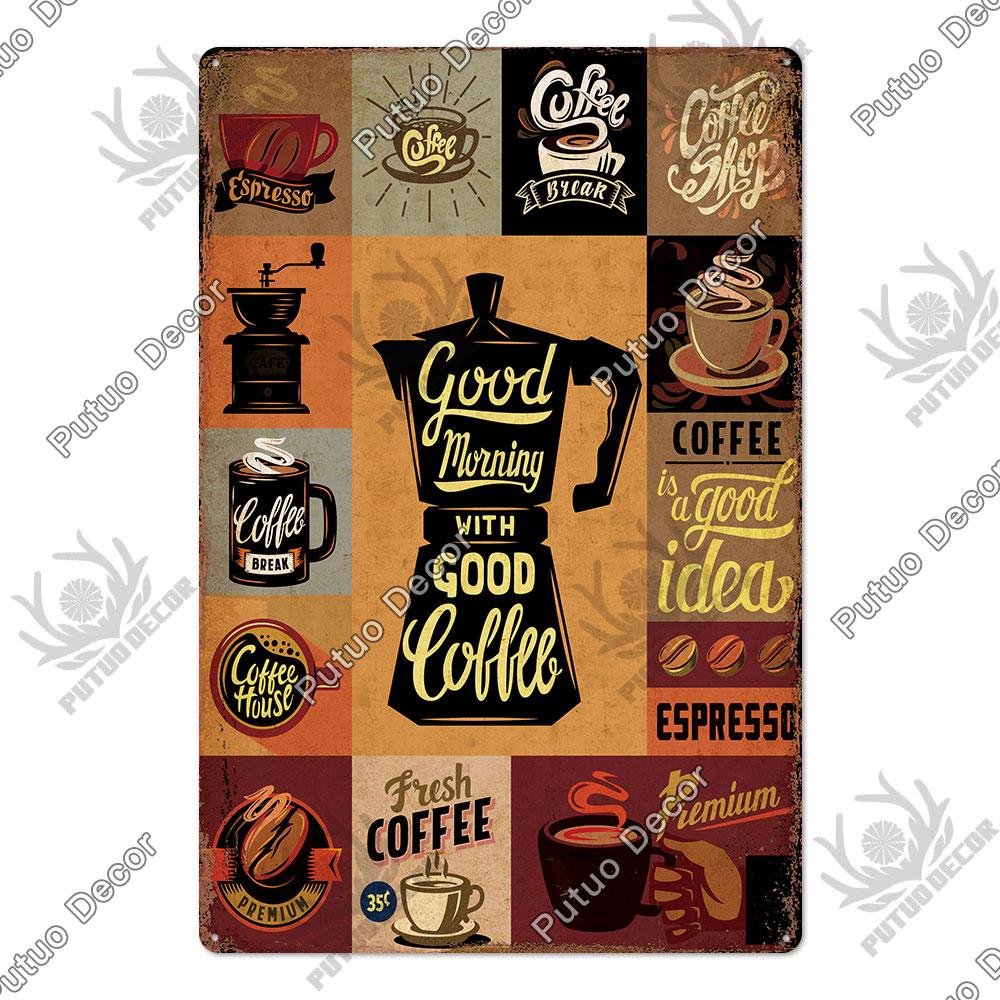 Putuo Decor Coffee Tin Sign Vintage Plaque Metal Plates Shabby Chic Wall Art Poster for Cafe Bar Living Room Home Man Cave Decor