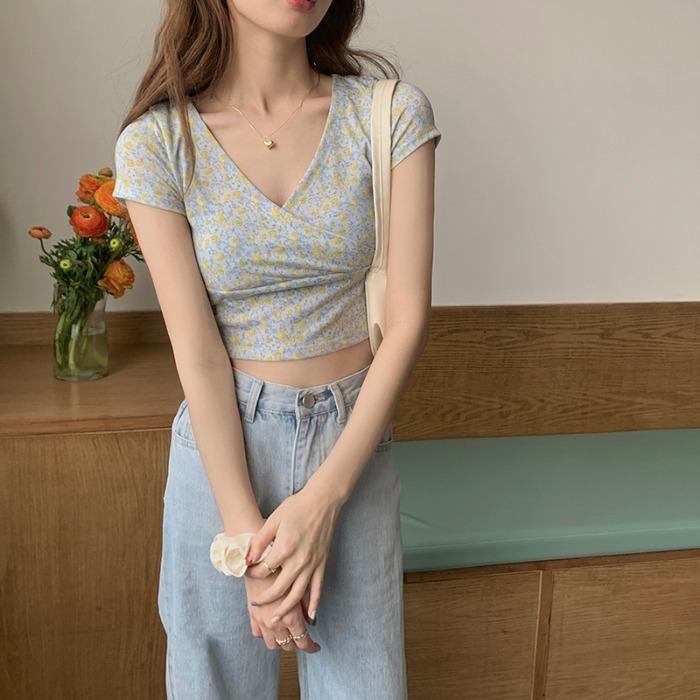 Floral T-shirt for Women Design Slim Short Sleeve Summer Korean Version V-neck Short High Waist Navel Women