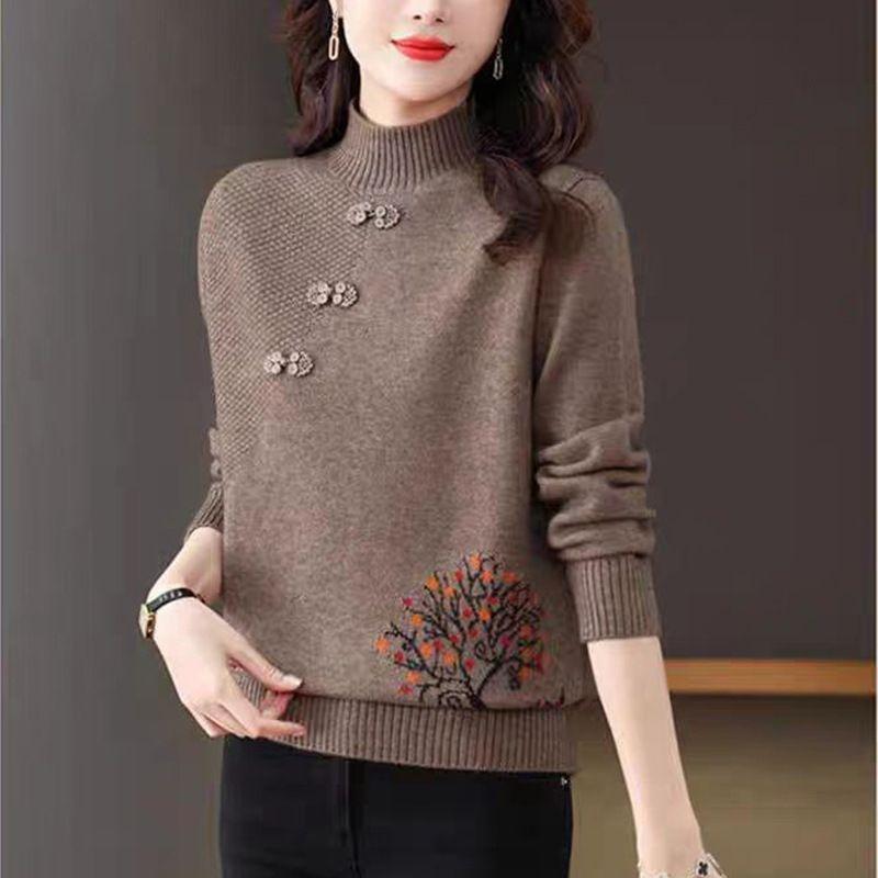 

Полувысокий воротник жаккардовый свитер для женщин, винтажный топ в китайском стиле, осенне-зимний вязаный базовый свитер в западном стиле L