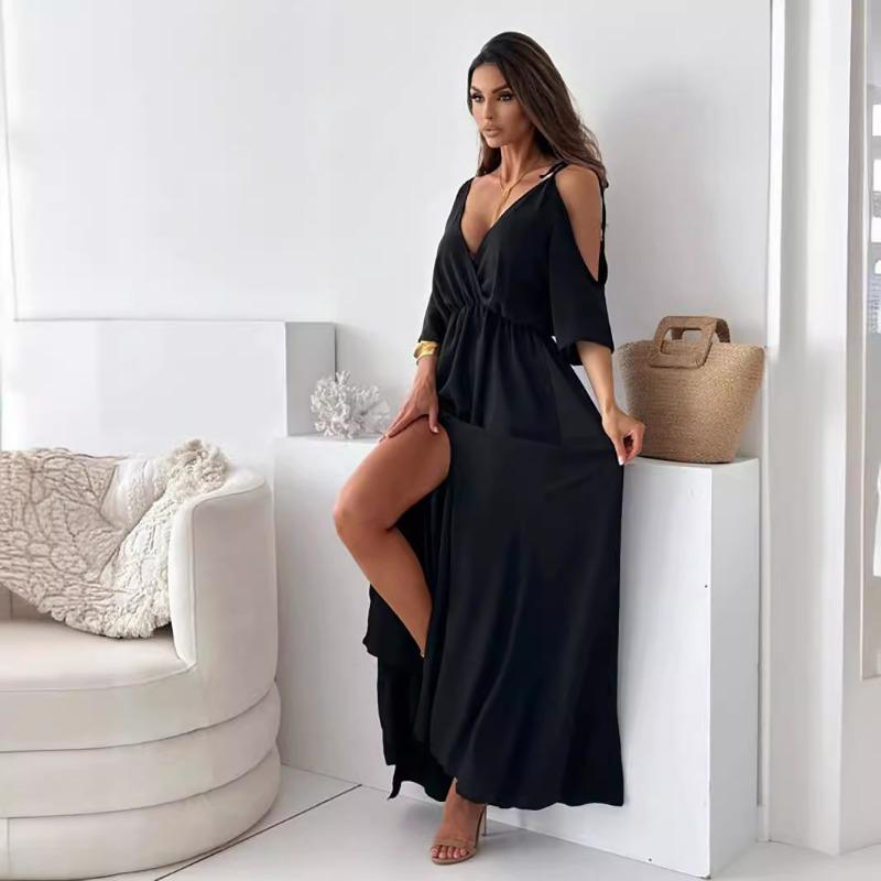New Cross V Neck Loose Elegant Party Suspender Dress Five-quarter Sleeve Off Shoulder Lace Up Casual Split Sexy Long Dress Party Slim Women's Clothing