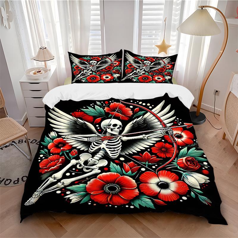 3pcs Skull with Wings Quilt Cover Set (1 Quilt Cover + 2 Pillowcases Without Pillow Core), High-Definition Printing for Home and Dormitory.J082