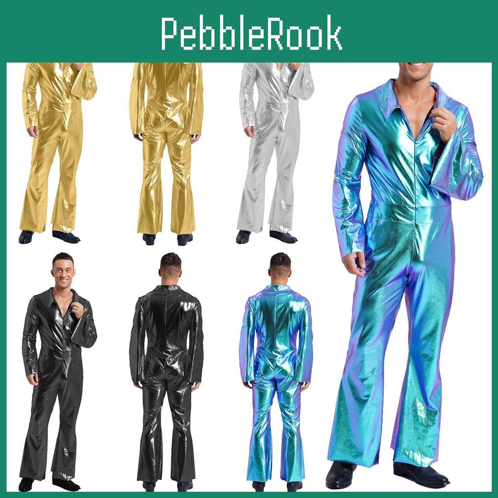 Disco Jumpsuit Metallic 70s Mens Shiny Design Lapel Flare Sleeve Front Zipper Wide Leg Pants