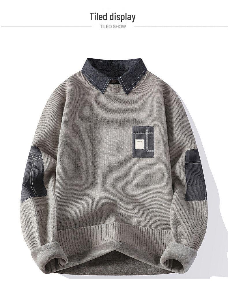 Herren Slim Fit Fleecegefütterter Zwei-in-Eins Hemdpullover – Koreanischer Stil Herbst/Winter Warme Basisschicht