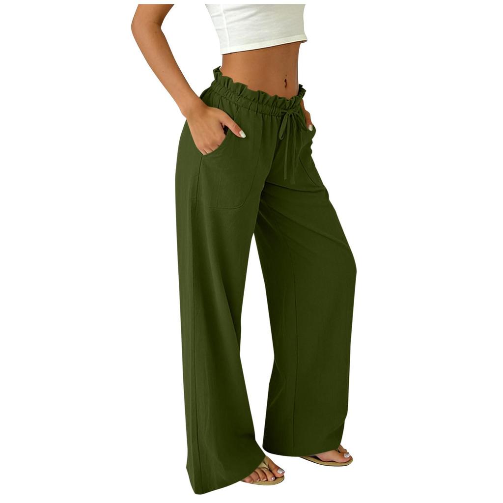Women's Linen Palazzo Pants High Waist Wide Leg Casual Drawstring Loose Fit Summer Trousers with Pockets Lightweight Breathable Fabric