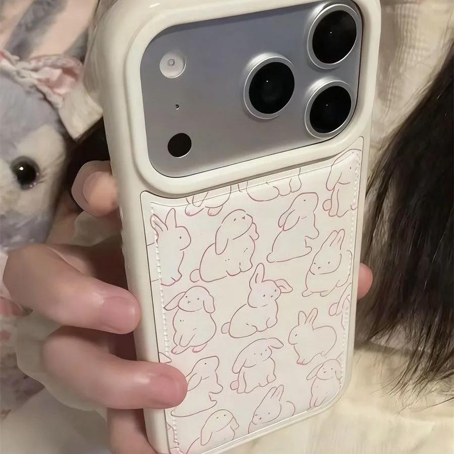 Full Screen Cute Pink Bunny Leather Phone Case For iPhone 17Air 16 15 14 13 12 11 Pro Max Plus Y2K Anti Fall Cover Ins