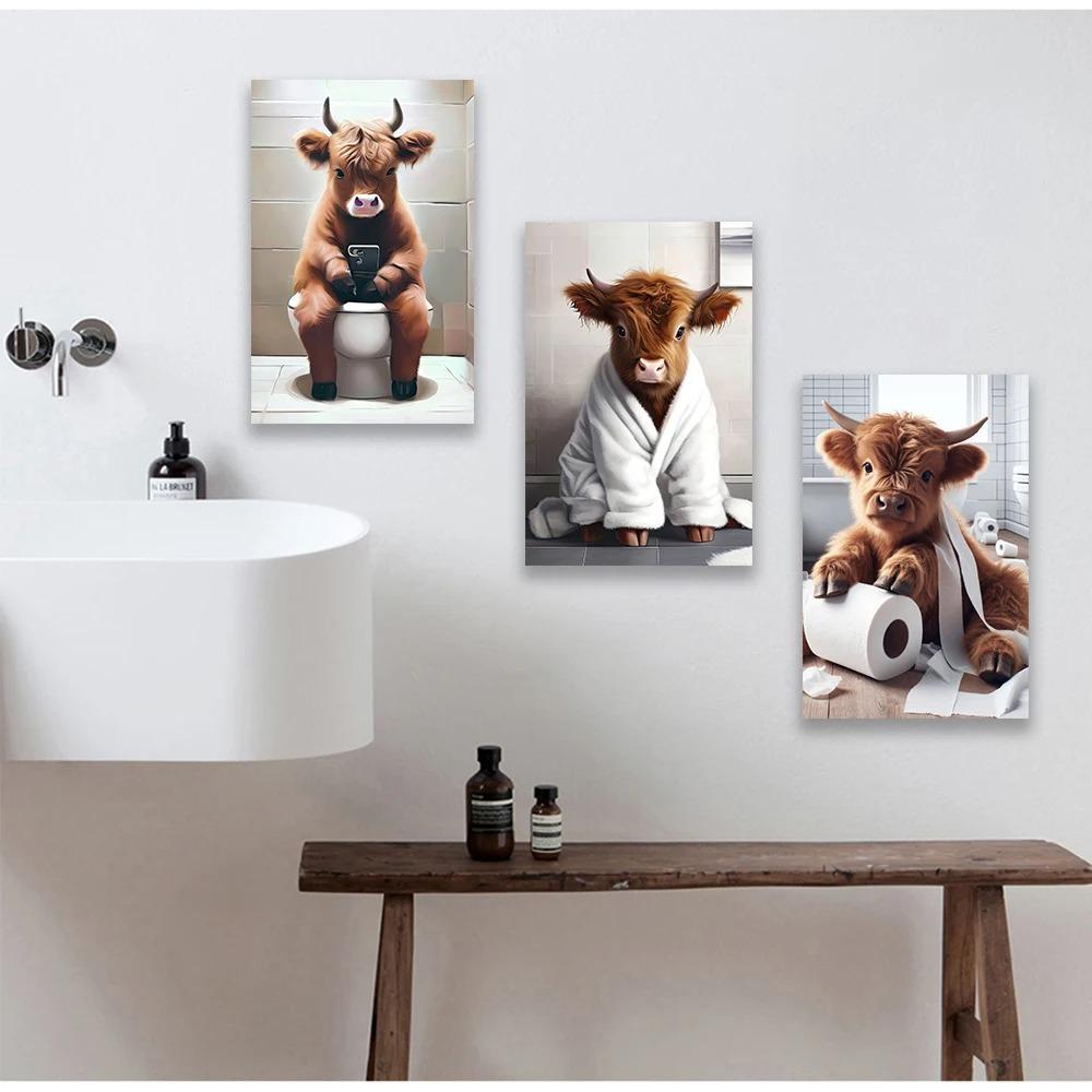 Bagno Mucca delle Highlands Scozzesi Pittura su Tela Decorazione Animali da Fattoria Stampe Umoristiche Stampa su Tela Fantasiosa Arte Decorazione WC Casa