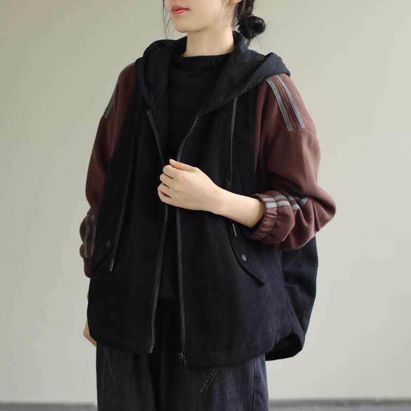 

2025 Plus Size Artistic Color Block Hooded Jacket – Warm, Loose, Long Sleeve Autumn/Winter Cotton Coat Extra Large