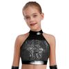 Mädchen Tanz Performance Top Ärmellos Stehkragen Glitzer Pailletten Patchwork Schlüsselloch Rücken Crop Top