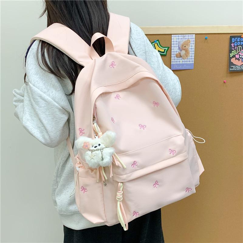 Schoolbag Girls School Bag Simple Versatile Backpack College Student Middle School Student Cute Embroidered Bow Lightweight Travel Backpack