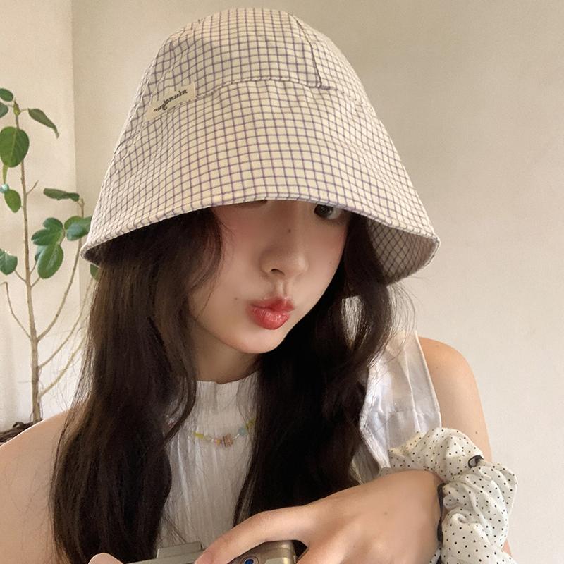 Plaid bucket hat women's summer sunshade sunscreen basin hat big head circumference showing small face versatile casual sun hat