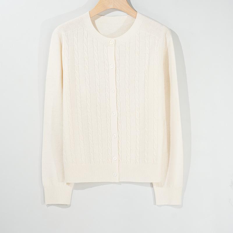 Women's 100% Wool Cable Knit Cardigan, Round Neck, Retro Raf MIU Style Sweater for Spring & Autumn.