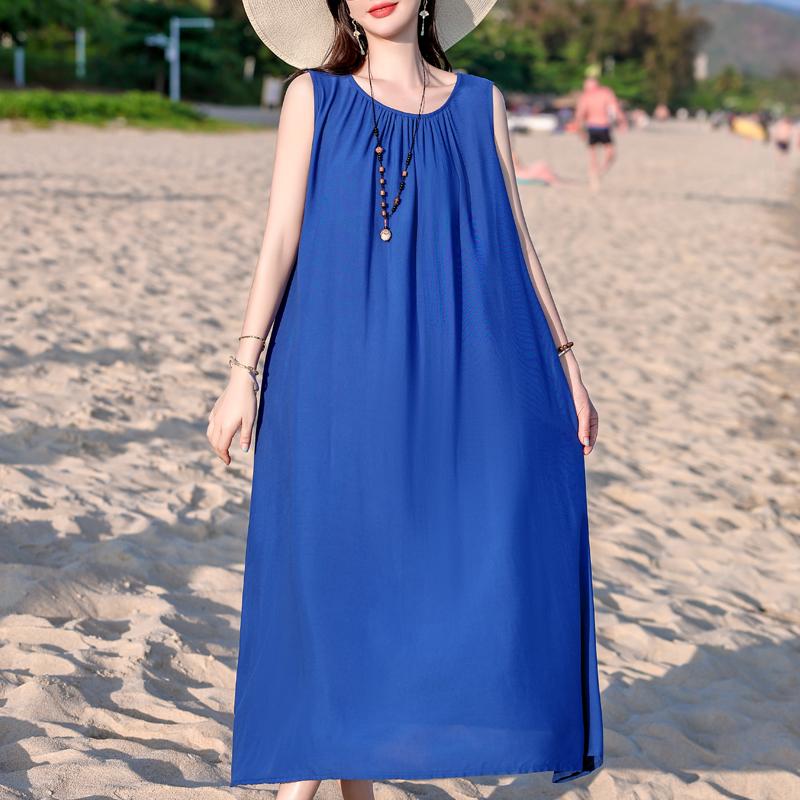 

Плюс Размер Элегантное Женское Летнее Платье Повседневное Свободное Длинное Платье Без Рукавов Женская Винтажная Одежда XL синий