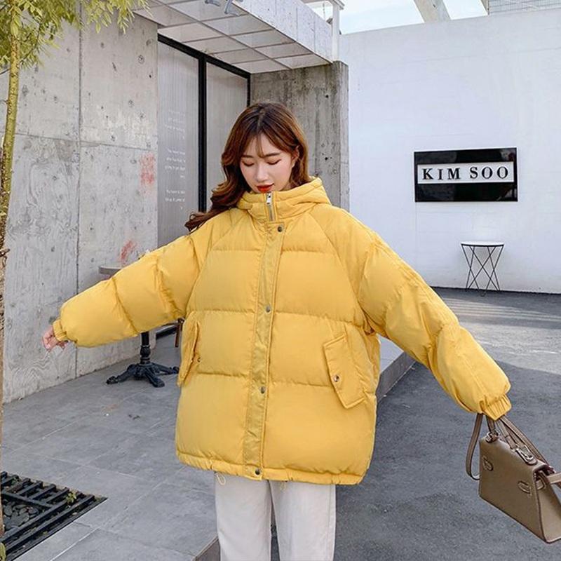 Jachetă de iarnă din bumbac cu glugă pentru femei Parka scurtă, haina caldă, rezistentă la vânt, jachetă îngroșată de puf, culoare solidă