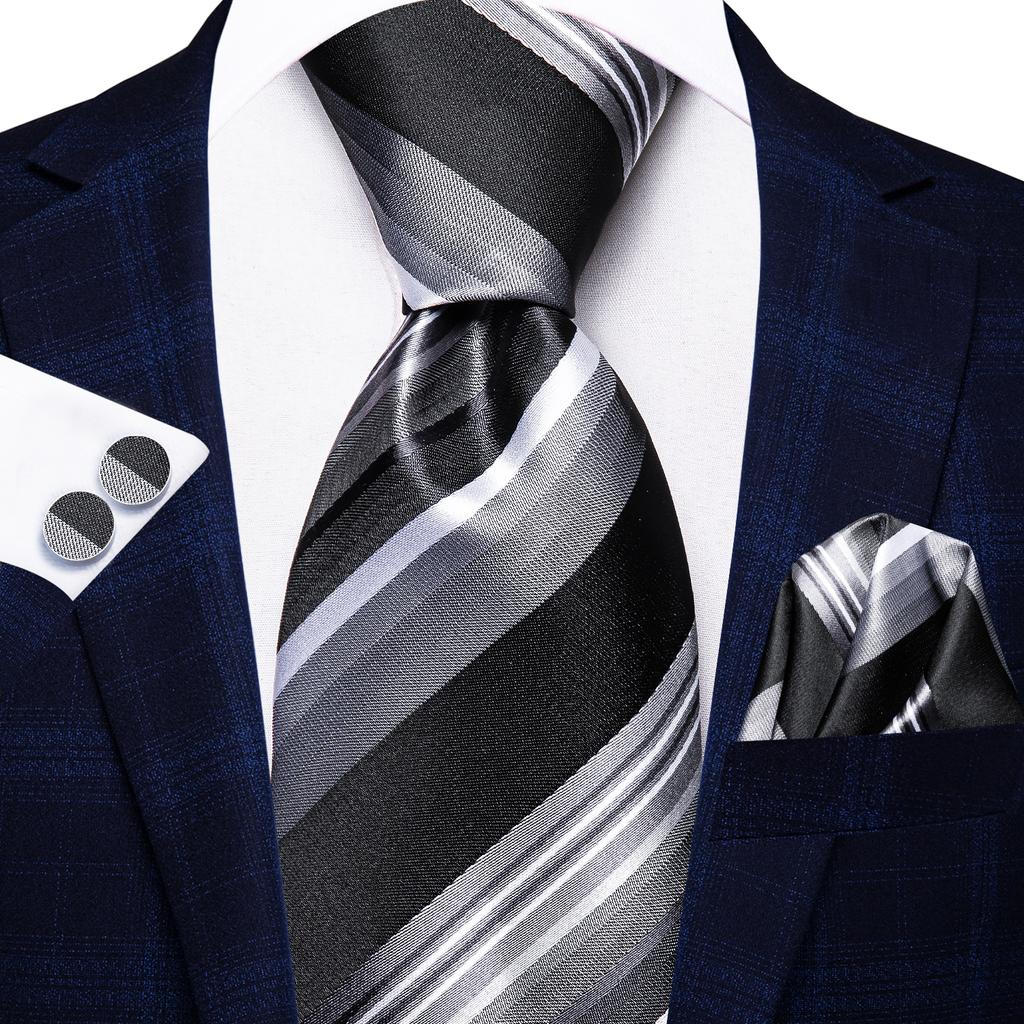 Hi-Tie Navy Blue Striped Silk Wedding Tie For Men Fashion Design Gift Men Necktie Hanky Cufflink Set Business Party Dropshiping