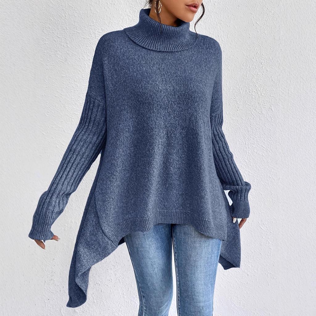 Autumn/Winter Loose Chunky Knit Sweater - Drop Shoulder High Neck, Navy/Gray/Apricot