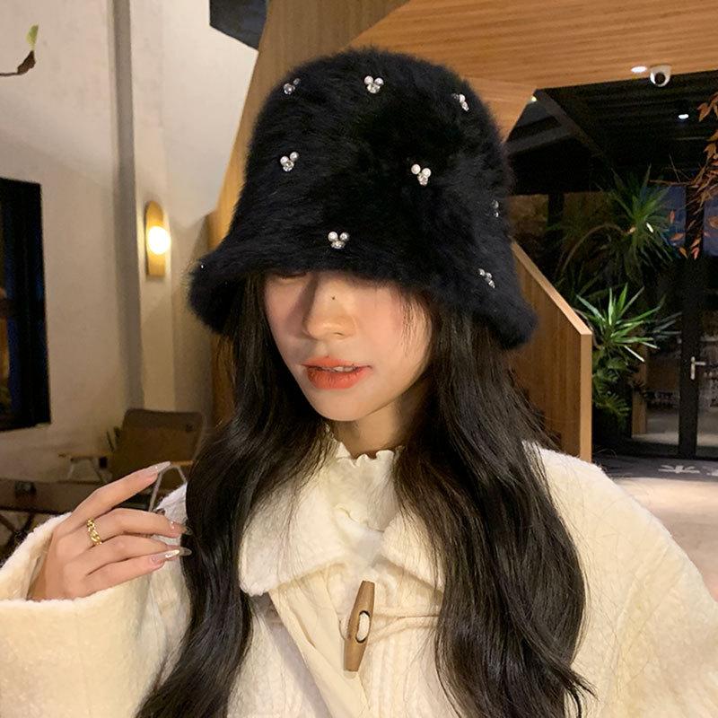 Rabbit hair beret female autumn and winter versatile sweet cute pearl flowers warm age-reducing painter hat big head circumference