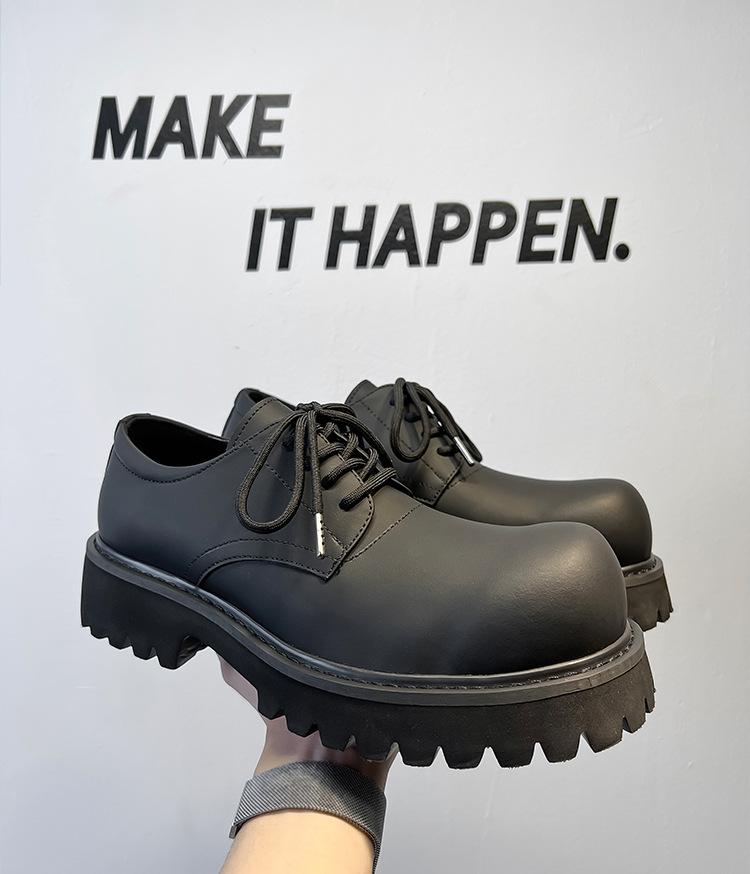 Derby shoes men's black matte round head solid color lace-up shoes new autumn and winter platform fashion