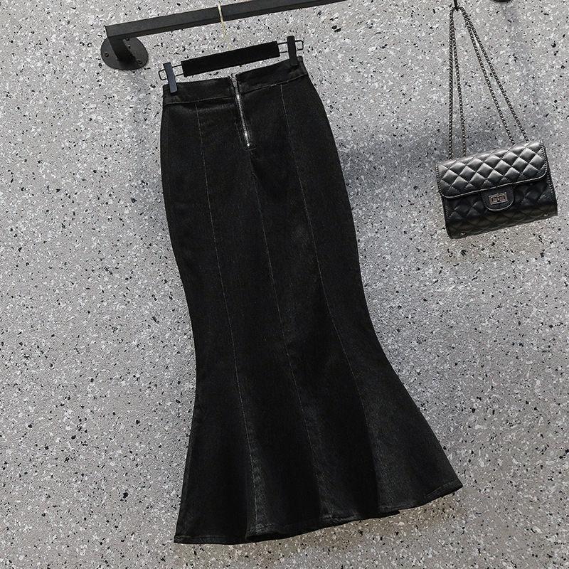 Denim Pencil Skirt With Ruffle Hem For Office Women Autumn Winter