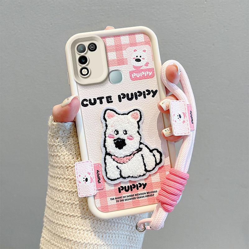 KEYSION Cartoon Cute Plush Embroidery Case for Infinix Hot 11 Play with Lanyard PU Leather Shockproof Phone Cover for Infinix Hot 10 9 Play