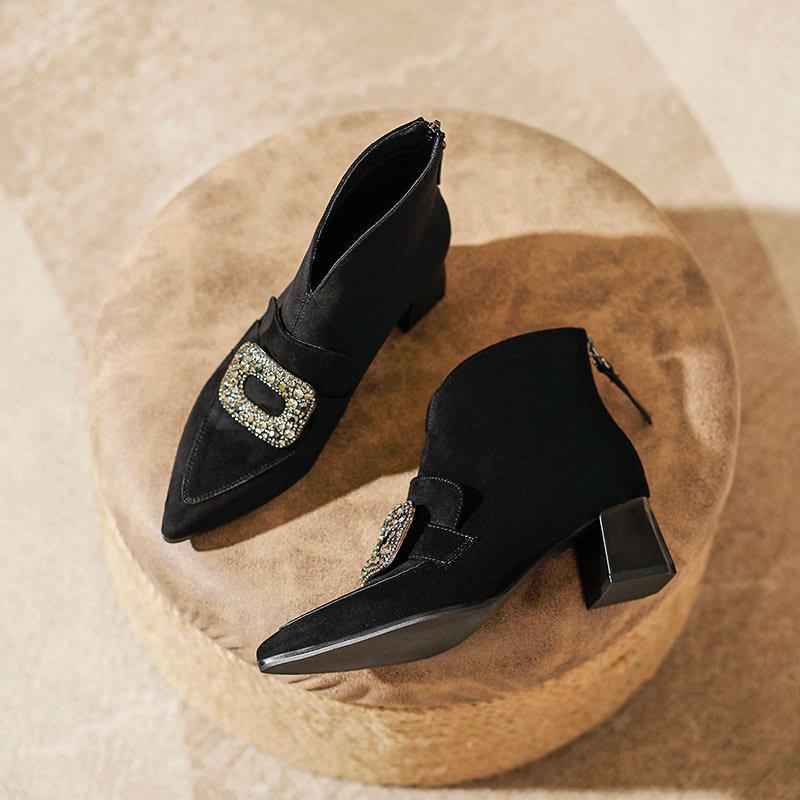 thick-heeled short boots women's new short women's boots retro v-mouth high-top shoes rhinestone square buckle pointed deep-mouth single shoes