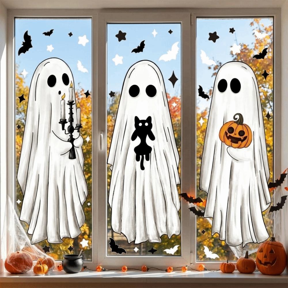6PCS Large Size Halloween Window Decals Cartoon Ghost Static Window Clings Party Supplies