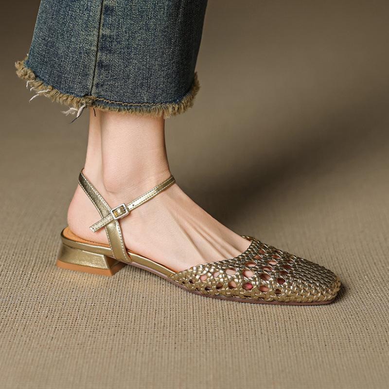 New one-word mesh thick-heeled sandals French retro woven hollow women's shoes low-heeled toe shoes women's summer