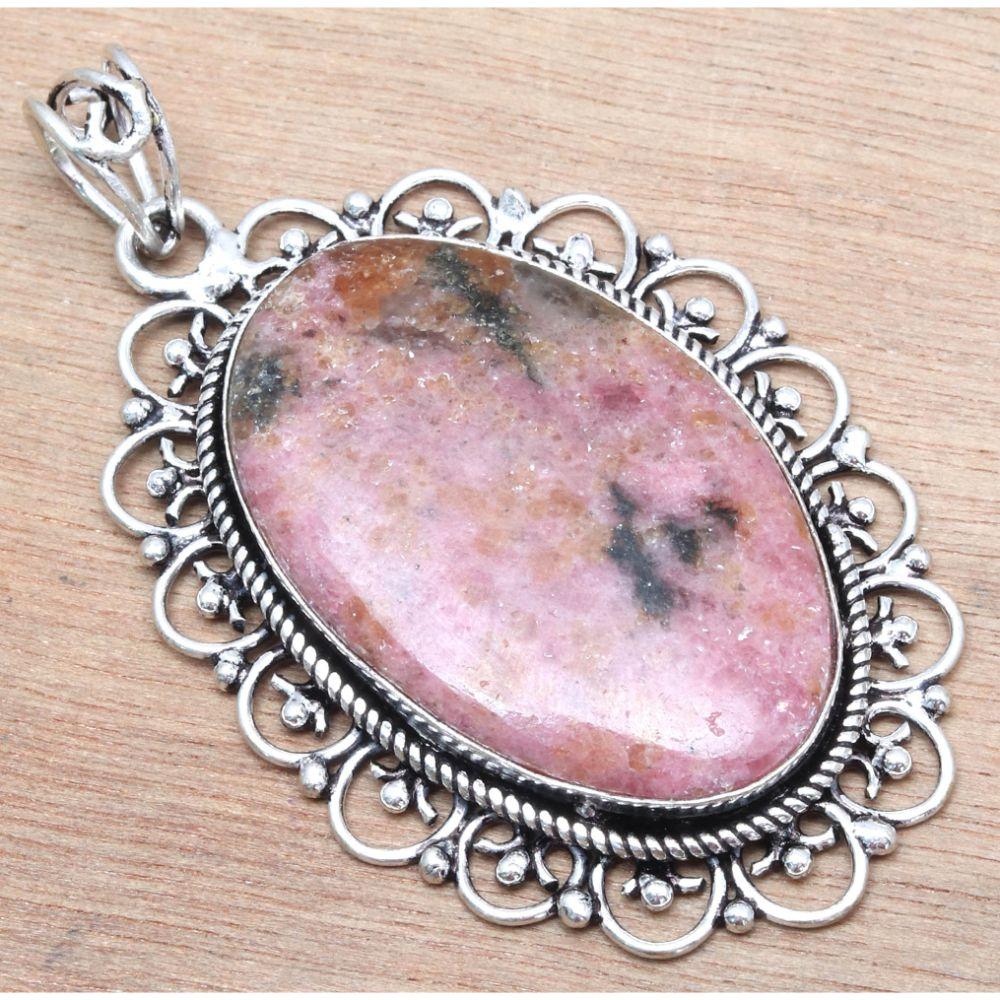 Pendant Rhodonite Gemstone Handmade Mother's Day Gift Silver Jewelry 2.25"
