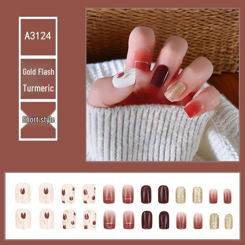 

Golden Glitter Caramel Gradient Press-On Nails with Tulip Flower Design - Short, Radiant Nail Art Stickers.