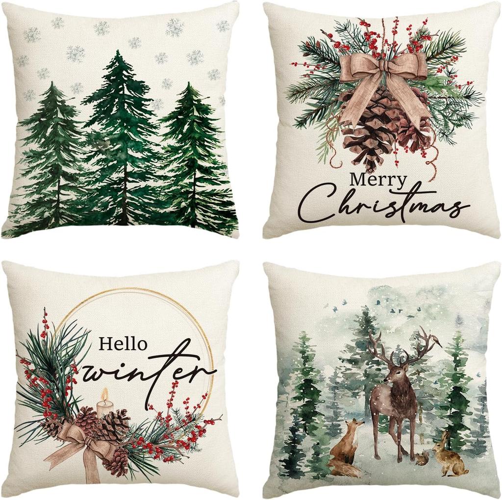 Merry Christmas Trees Reindeer Snowflake Throw Pillow Covers, Winter Holiday Cushion Case Decoration For Sofa Couch Set Of 4