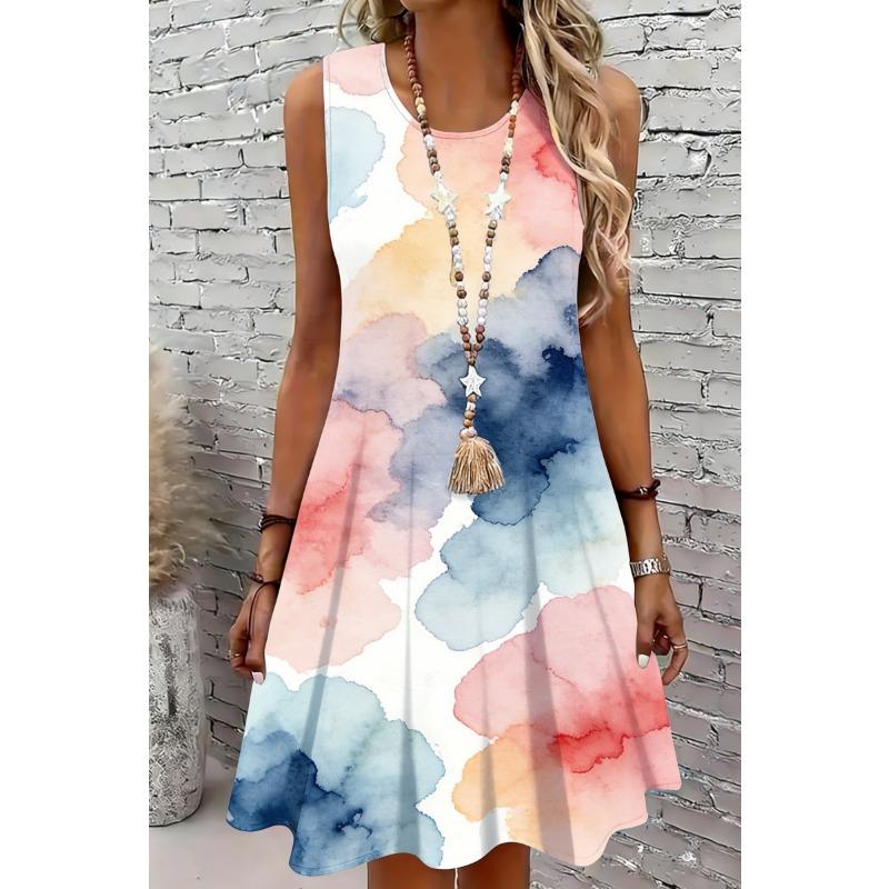 Nuevos Vestidos de Verano para Mujer Sin Mangas Vestidos de Rodilla Cuello Redondo Vestidos Casuales para Vacaciones en la Playa Vestidos de Mujer con Estampado Floral