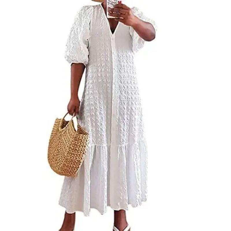 

Summer New Solid V-neck Button Pleat Loose Casual Dress Loose Casual Casual Dress White XL