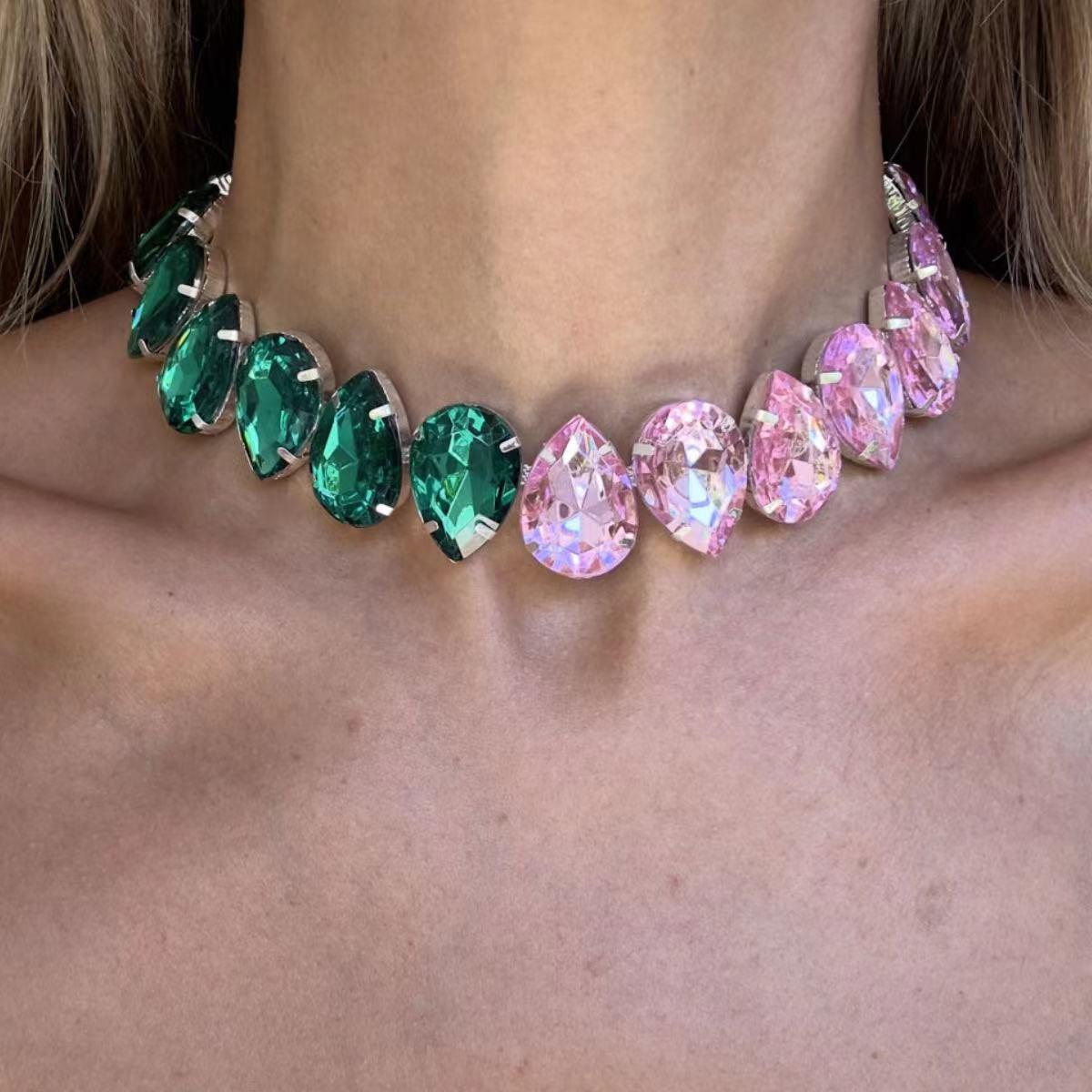 

Luxurious European-American Rhinestone Choker Necklace Gold зелёный/розовый