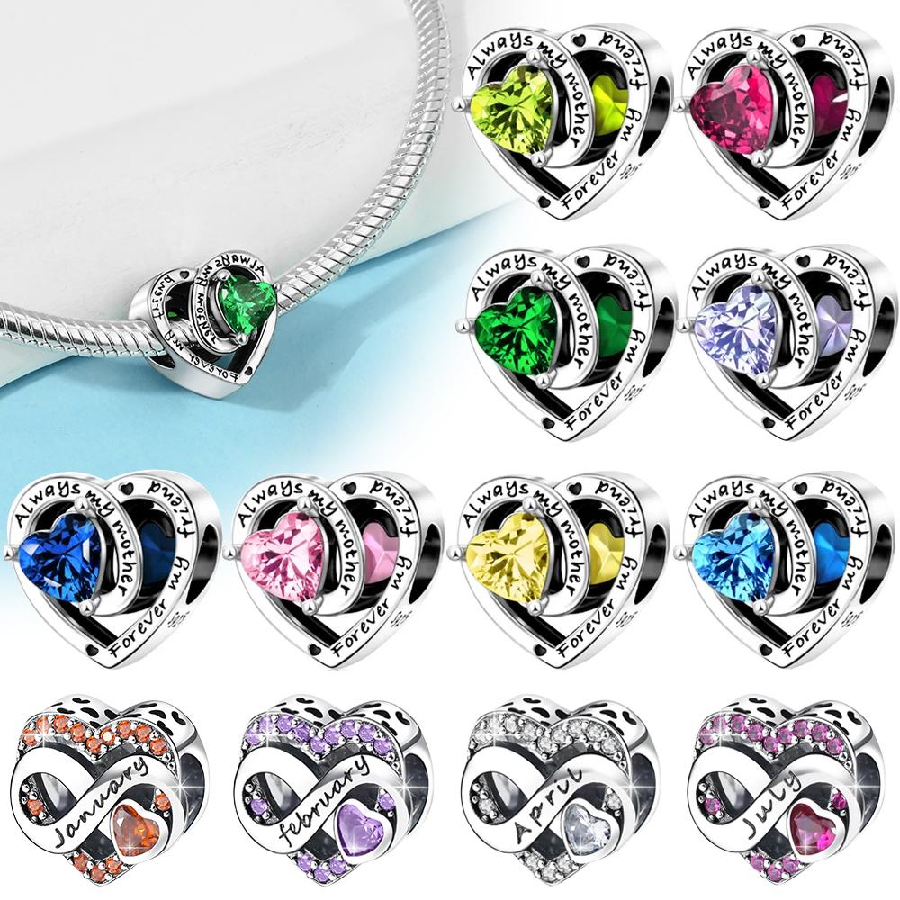 925 Silver Colorful Birthstone Heart Charms Mother's Day Forever Gem Diamond Beads Fit Bracelet Jewelry Gift for Women