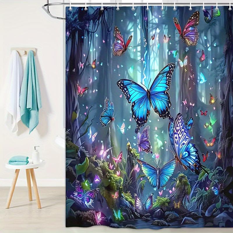Vibrant Blue Forest Butterfly Shower Curtain With Hooks-Animal Print, Decorative Shower Curtain Available All Season 180X180Cm