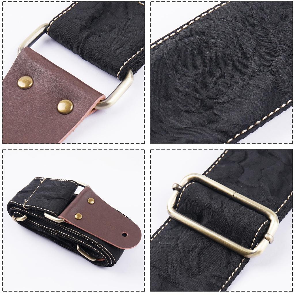 Vintage Woven Guitar Strap for Acoustic and Electric Guitars 2 Free Rubber Strap 2 Free Guitar Picks Rose [Jasenna] + Locks, (1-3D Black)