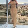 Women's Fashion Summer Spring Solid Color Print Sleeveless Oblique Collar High Waist Casual Dresses