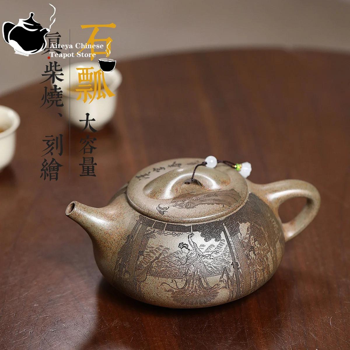 

570ml Handmade Purple Clay Teapot Original Ore Agarwood Mud Dragon Kiln Firewood Burning Scenery Boat Teapot Brewing Kun