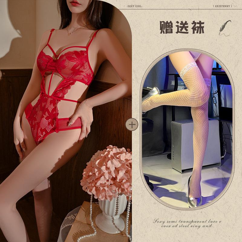 Hollow and Thin Sexy Underwear Sexy Onesie Temptation Strap Perspective Lace Free Purple