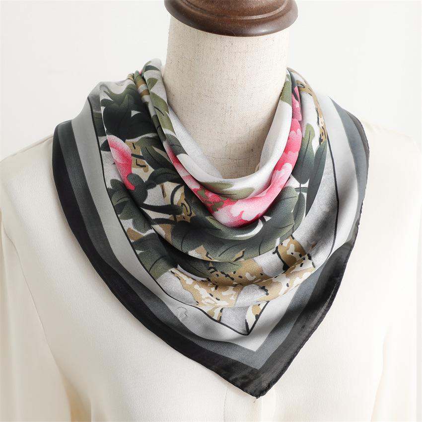 New Ink and Wash Peony Flower Silk Scarf Sunscreen Shawl Fashion Scarf Simulation Silk 71cm Square Scarf Professional Scarf Women