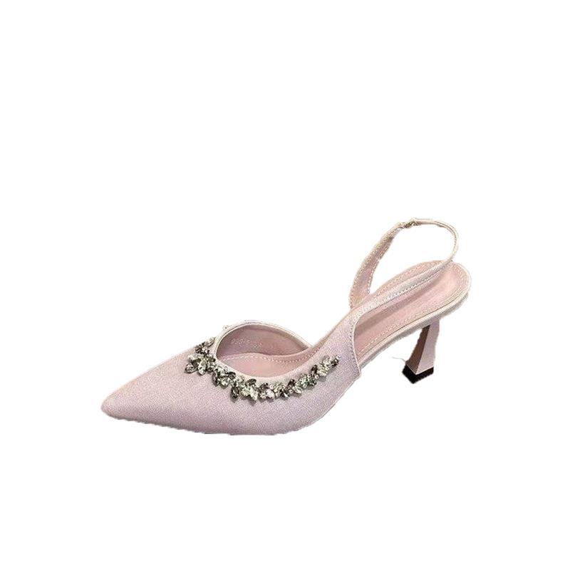 Spring 2025 new French satin fashion high heels women's thin heels pointed head sandals wear rhinestones versatile