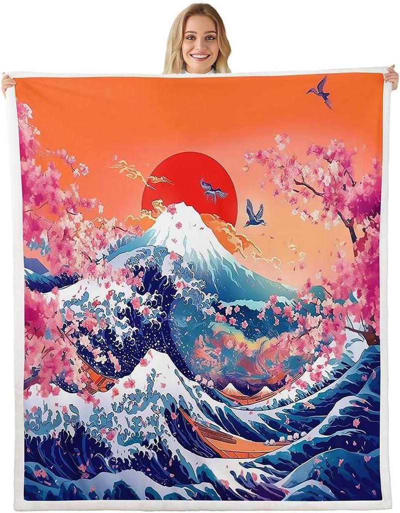 GUOYU Blanket Japanese Style Fleece Bed Blanket Twin Japanese Samurai Throw Blanket for Kids Boys Men Ink Painting Dragon Sherpa Blanket