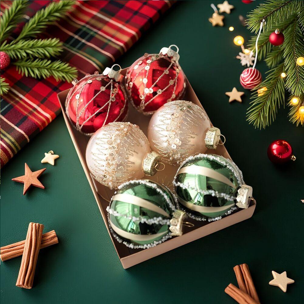 Christmas Tree Decoration Set 6 Plastic Baubles with Hanging Strings for Trees Tables and Event Display 8cm Size