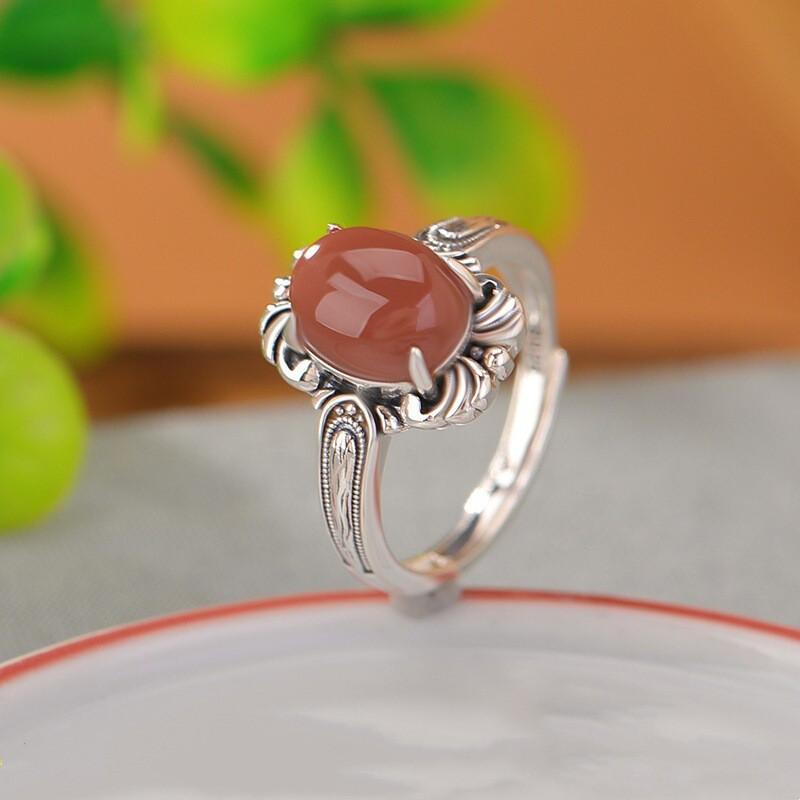 Adjustable Open Ring Women Men Vintage Floral Design Copper Jewelry With Red Agate Oval Cabochon