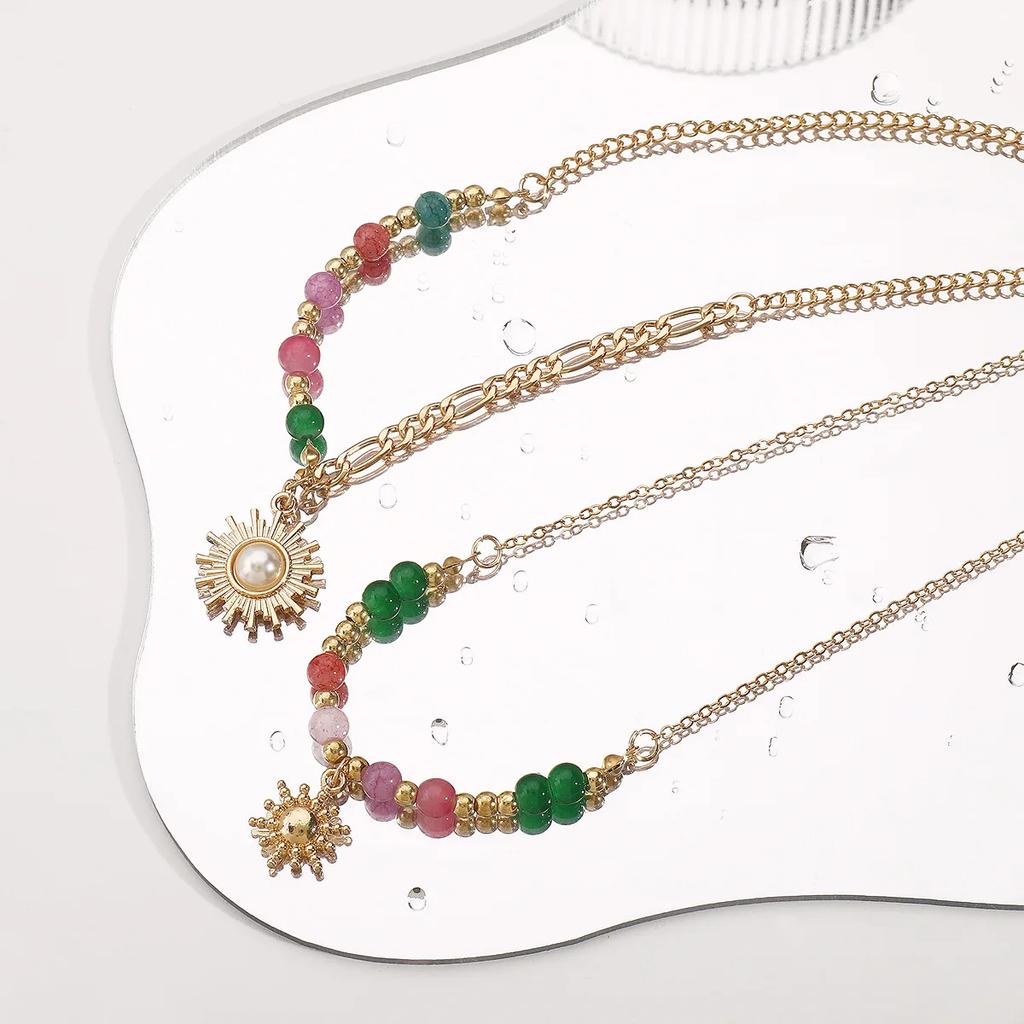 Vintage Sun Inlaid Pearl Women's Necklace Summer Party Dopamine Colored Glass Beads French Jewelry Gift