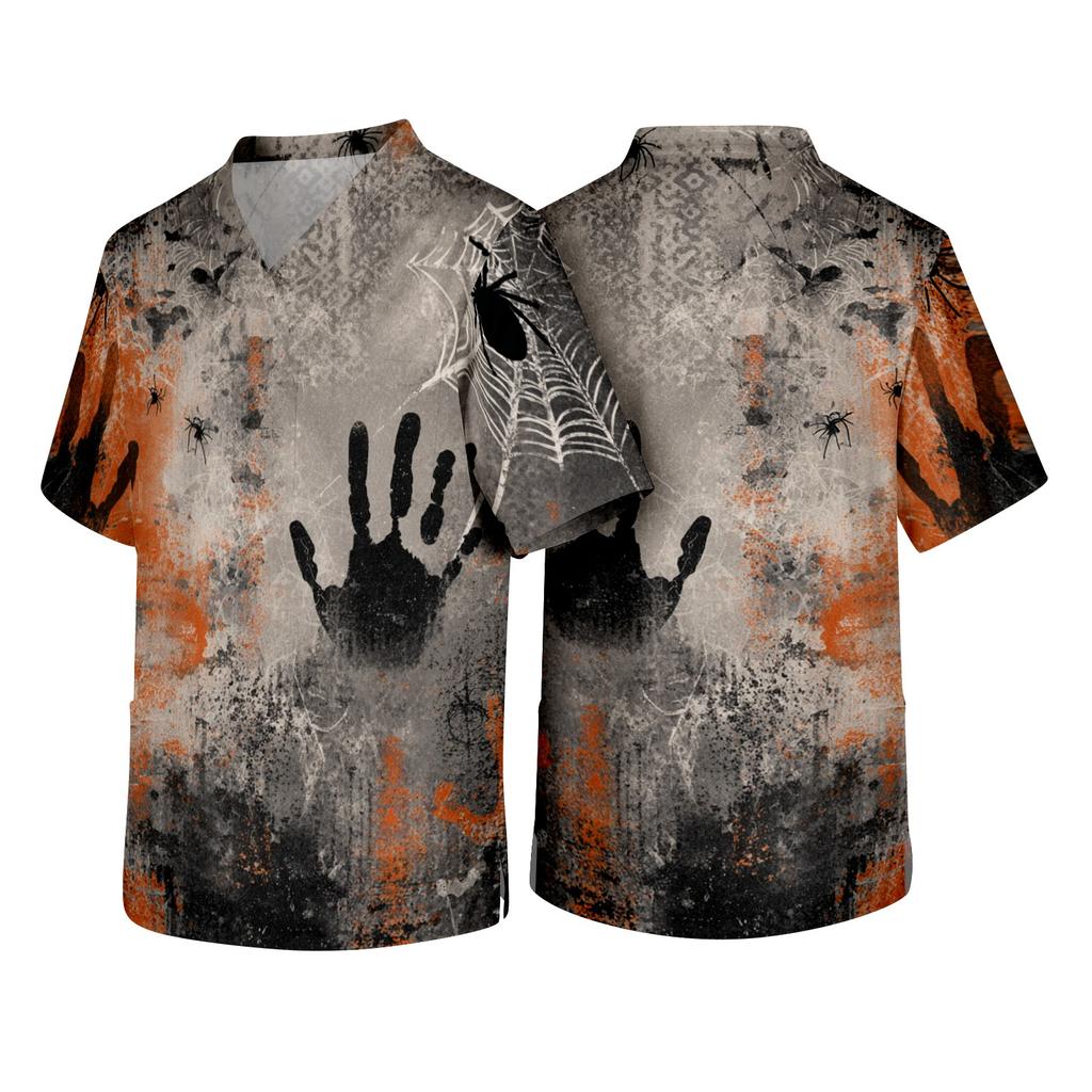 Men's Short Sleeve V Neck Halloween Print Pocket Scrub Top Lightweight Comfortable Fit Medical Uniform Shirt for Healthcare Professionals