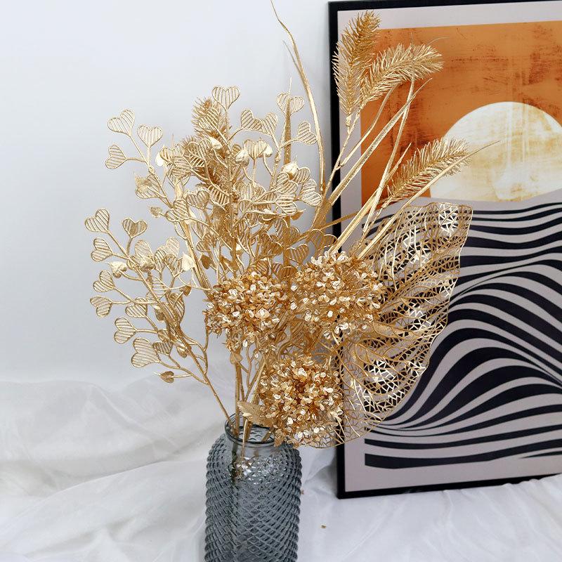 Golden Floral Bouquet: Ginkgo Leaves, Eucalyptus, Red Holly Berries - New Year Lucky Decoration Ornaments