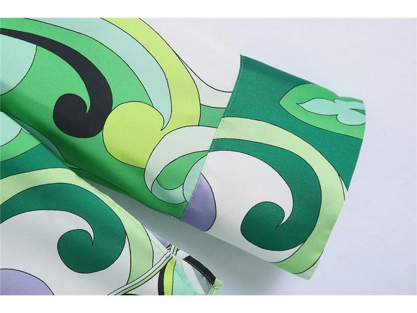 Spring 2022 European & American Style Women's Green Print Shirt & Skirt Set