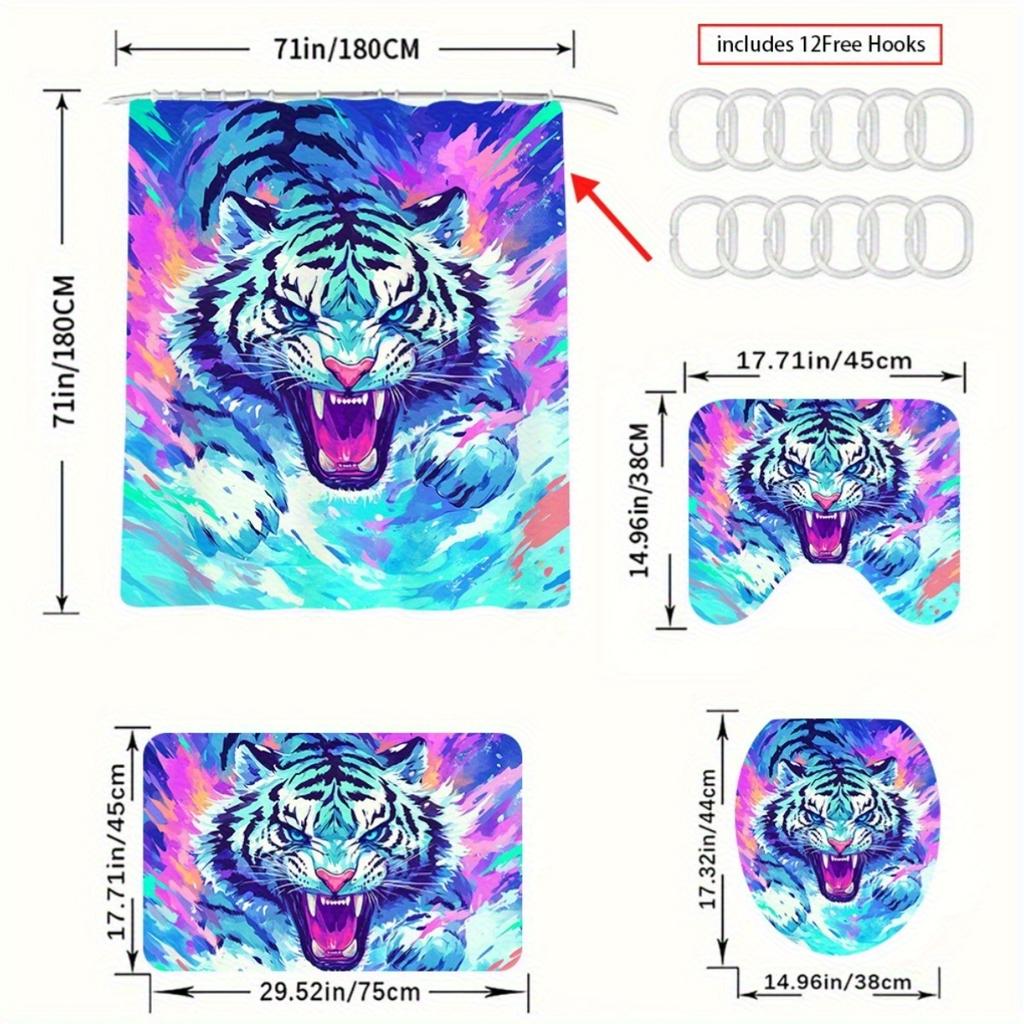 4pcs  Exquisite Tiger Print Waterproof Shower Curtain and Non-Slip Bathroom Rug Set, Polyester, Woven, Abstract Arts Pattern,