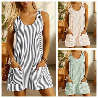 Summer Spring Elegant Shirt Dress Women Vintage Pocket Sleeveless Striped Mini Dresses Elegant Casual Vestidos Casual Dress